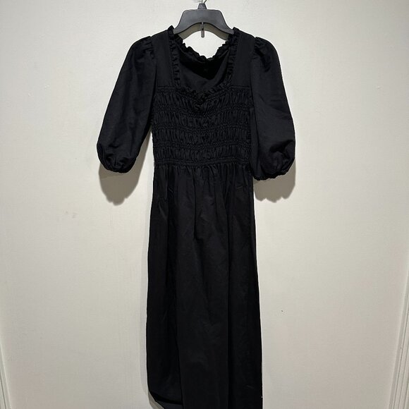 ALL SAINTS Livi Linen Black Smocked Puff Sleeve Dress Sz 6 - Picture 5 of 12